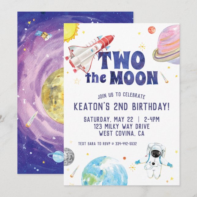 Aquarelle Deux Lune Espace Anniversaire Invitation (Devant / Derrière)