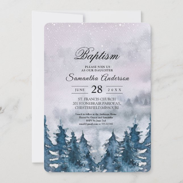 Aquarelle d'hiver moderne Forêt Bleu Invitation (Devant)