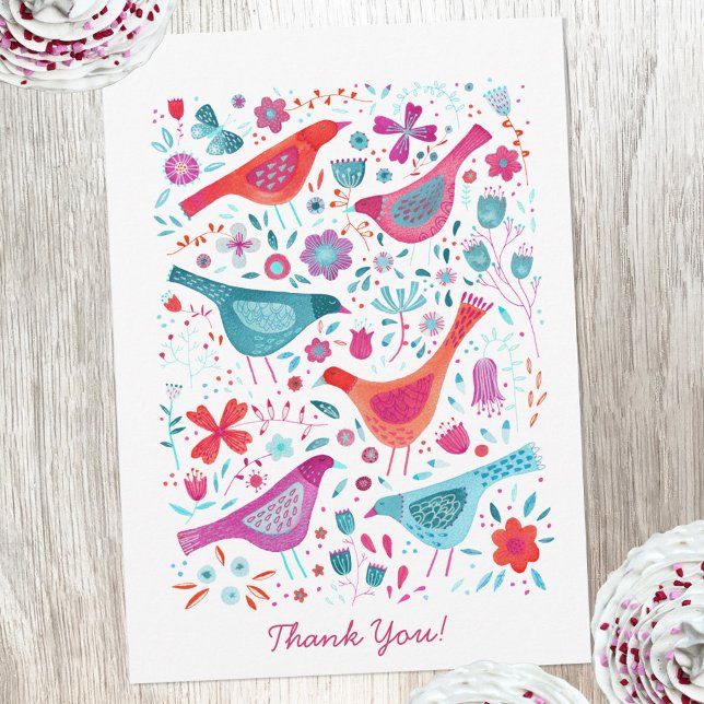 Aquarelle d'oiseau moderne Merci personnalisé (Modern watercolor birds and flowers thank you card with custom text)
