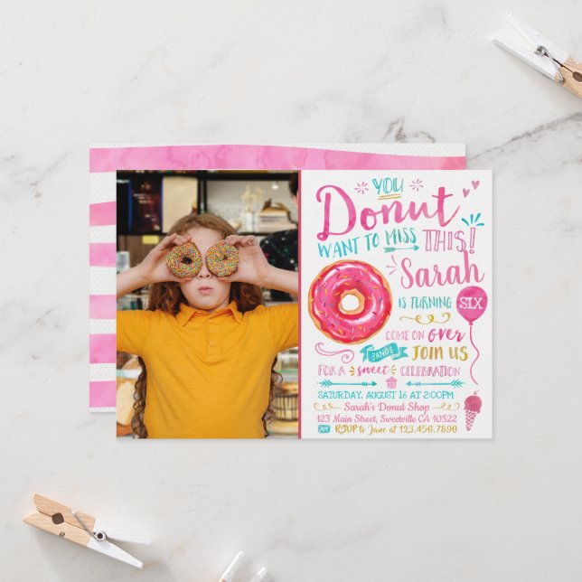 Aquarelle Donut Anniversaire Invitation avec photo (Devant/Arrière en situation)