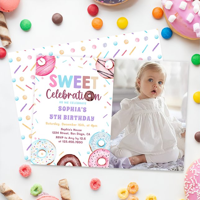 Aquarelle Donut Sweet Birthday Photo Invitation (Créateur téléchargé)