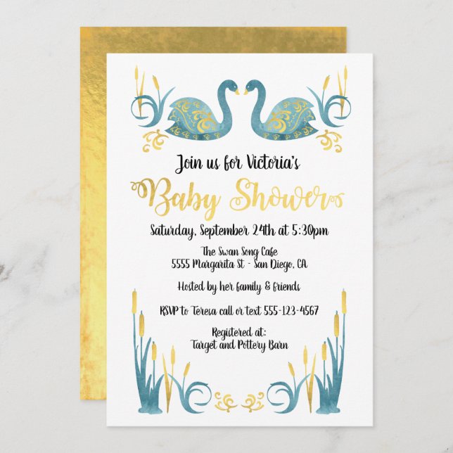 Aquarelle d'or Swans Baby shower Invitation (Devant / Derrière)