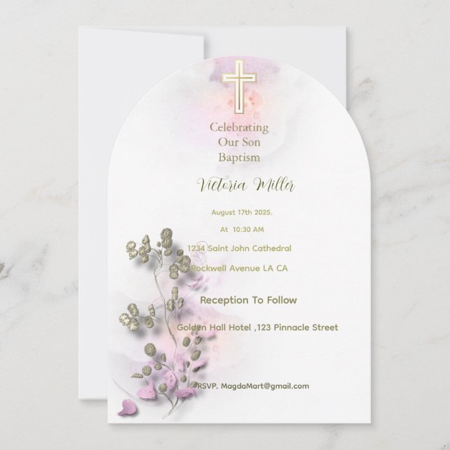 Aquarelle douce et Croix dorée invitation au baptê (Devant)