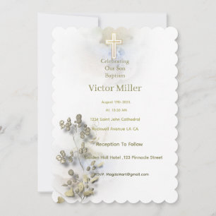 Aquarelle douce et Croix dorée invitation au baptê