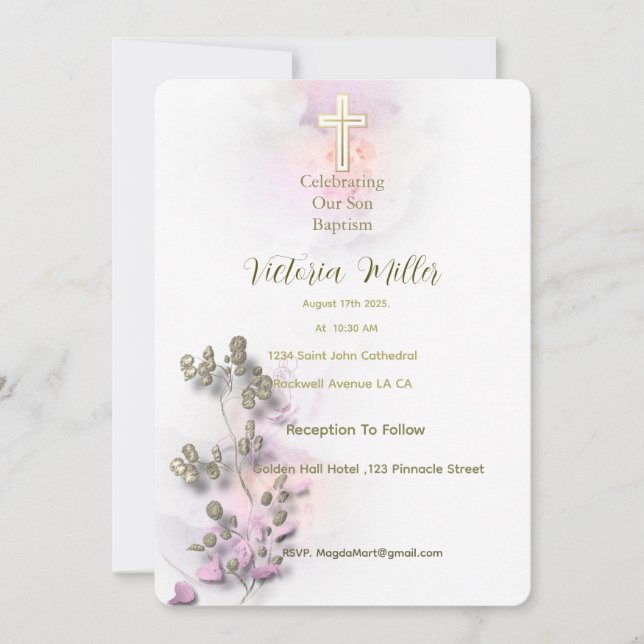 Aquarelle douce et Croix dorée invitation au baptê (Devant)