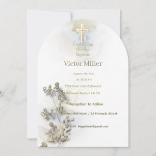 Aquarelle douce et Croix dorée invitation au baptê