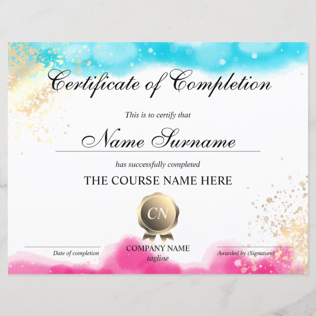 Aquarelle du cours de certificat d'achèvement (Devant)