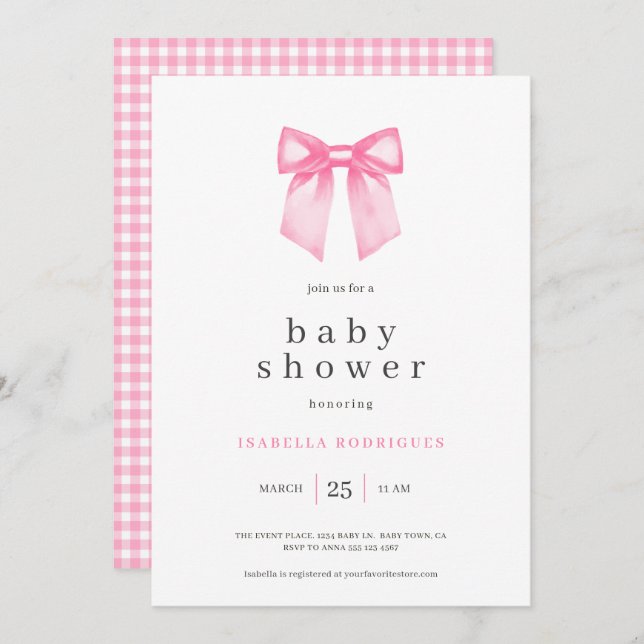 Aquarelle Elegant Pink Bow Baby shower Invitation (Devant / Derrière)