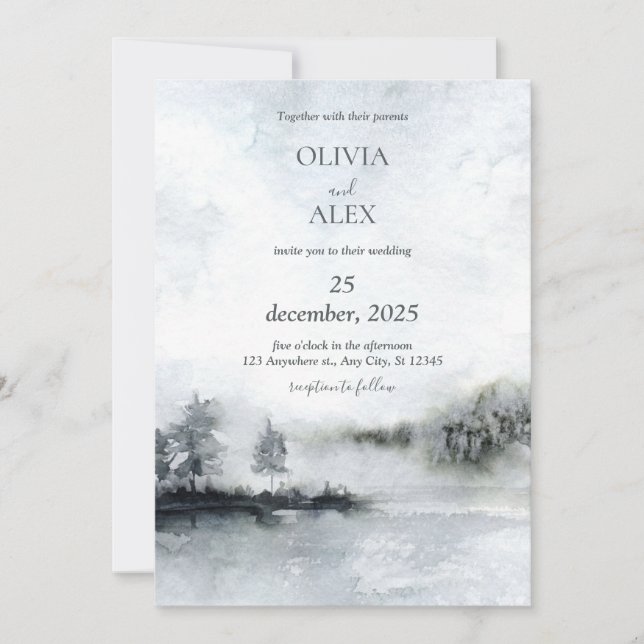 Aquarelle élégante en hiver Invitation de mariage (Devant)