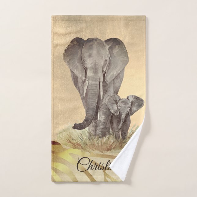 Aquarelle éléphant mère et bébé nom personnalisé (Serviette à main)