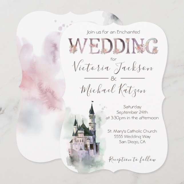 Aquarelle Enchanted Castle Faire-part de mariage (Devant / Derrière)