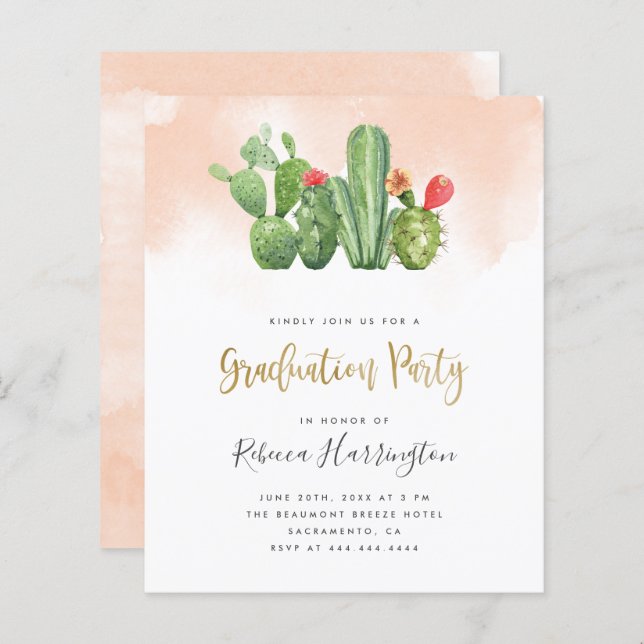 Aquarelle et cactus Blush Budget Graduation Party (Devant / Derrière)