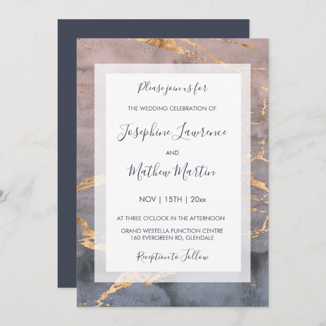 Aquarelle et mariage Gold Invitations (Devant / Derrière)