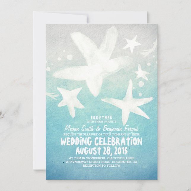 aquarelle étoile bleu plage mariage invitations (Devant)