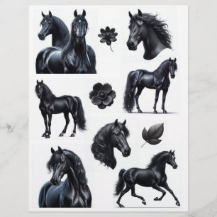 Aquarelle étonnante Chevaux noirs et fleurs