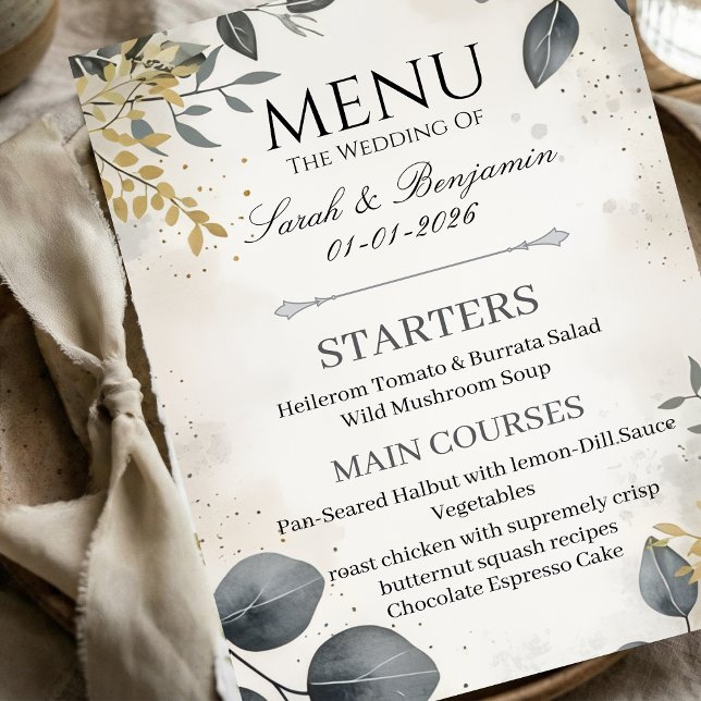 Aquarelle Eucalyptus | Élégant Menu de Mariage (Créateur téléchargé)