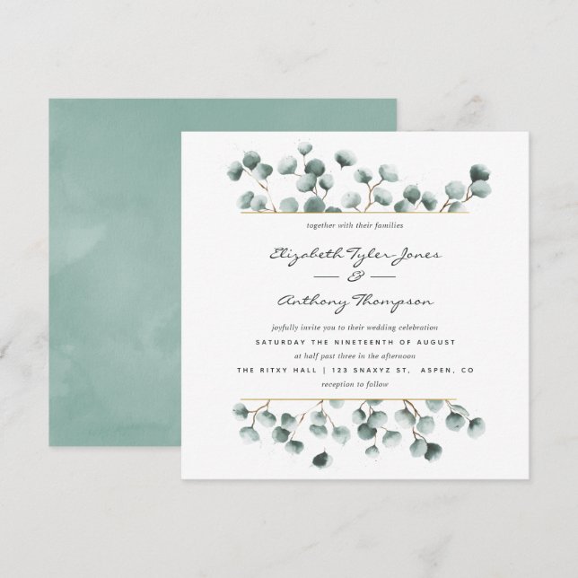 Aquarelle Eucalyptus Faire-part de mariage géométr (Devant / Derrière)