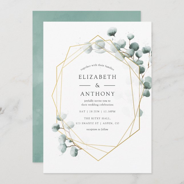 Aquarelle Eucalyptus Faire-part de mariage géométr (Devant / Derrière)