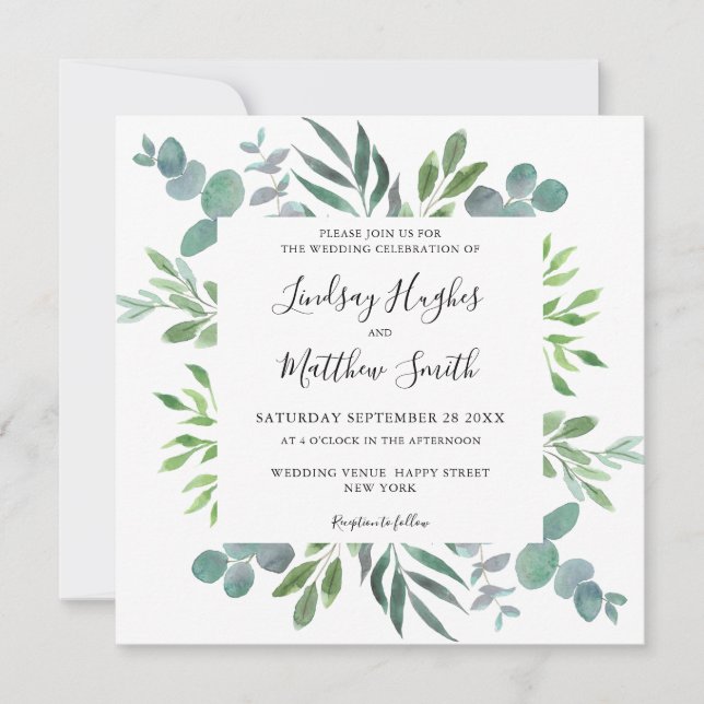 Aquarelle Eucalyptus Faire-part de mariage vert (Devant)
