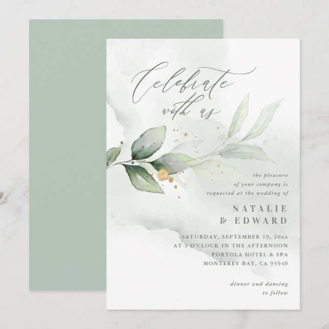 Aquarelle eucalyptus sauge or vert mariage (Devant / Derrière)