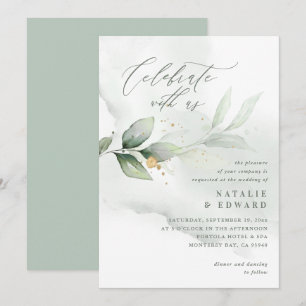 Aquarelle eucalyptus sauge or vert mariage