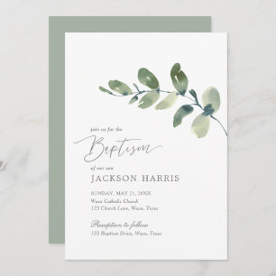 Aquarelle Eucalyptus Vert Baptême Invitation