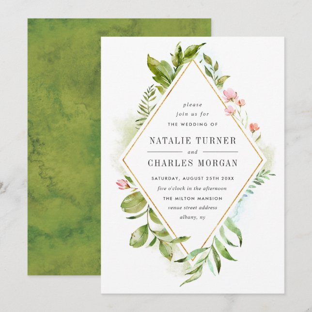 Aquarelle Faire-part de mariage de feuillage vert  (Devant / Derrière)
