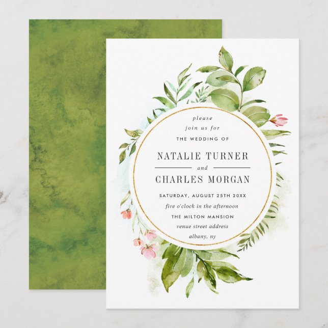 Aquarelle Faire-part de mariage de feuillage vert  (Devant / Derrière)