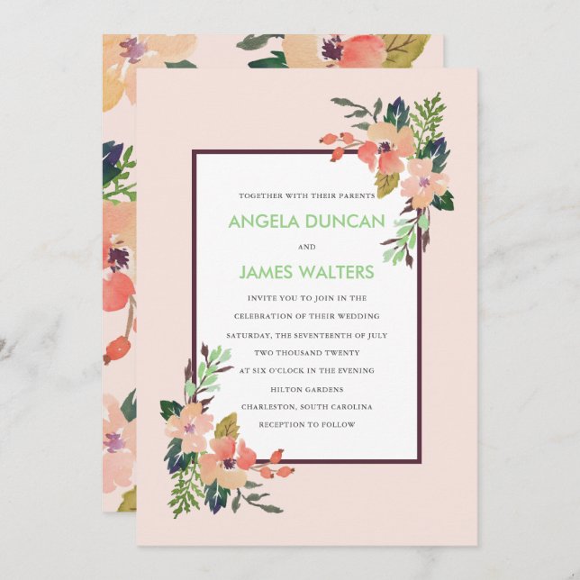 Aquarelle Faire-part de mariage Fleurs de coin (Devant / Derrière)