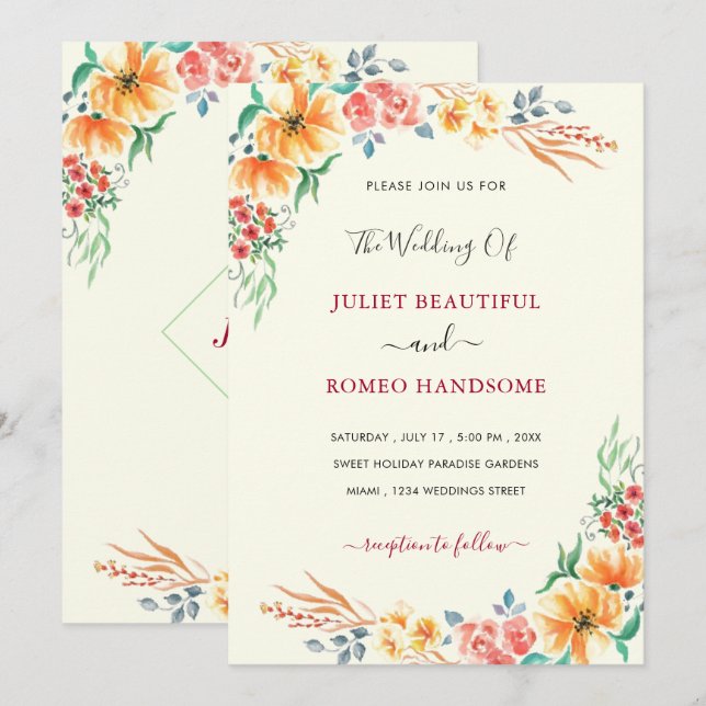 Aquarelle Faire-part de mariage Floral moderne (Devant / Derrière)