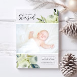 Aquarelle Faire-part de naissance photo florale bl<br><div class="desc">Une belle faire-part de naissance avec la photo de votre nouveau-né sur le devant encadrée par un magnifique aquarelle blanc design floral. Une typographie de script dit "So Very Blessed". Ajoutez les statistiques de naissance de votre bébé et votre nom pour personnaliser. La face arrière comporte une deuxième photo surmontée...</div>