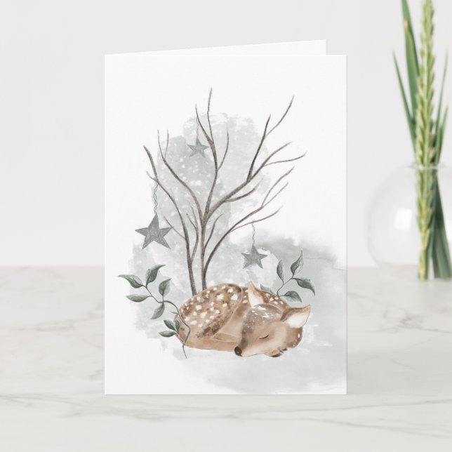 Aquarelle Fawn Noël et la carte du Nouvel An (Devant)
