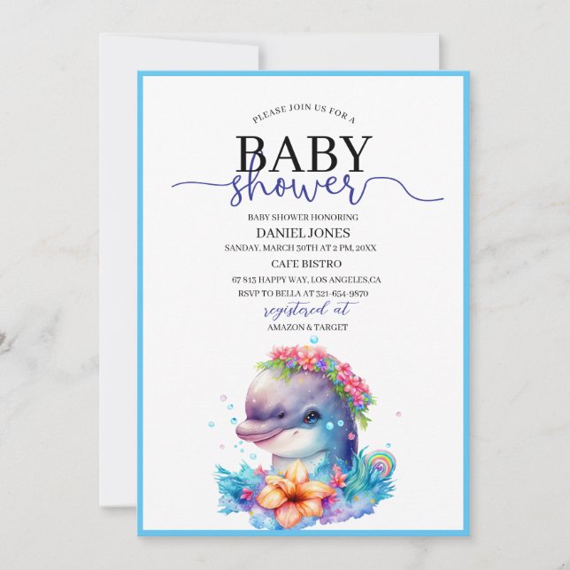 Aquarelle fcute dauphin baby shower Invitation (Devant)