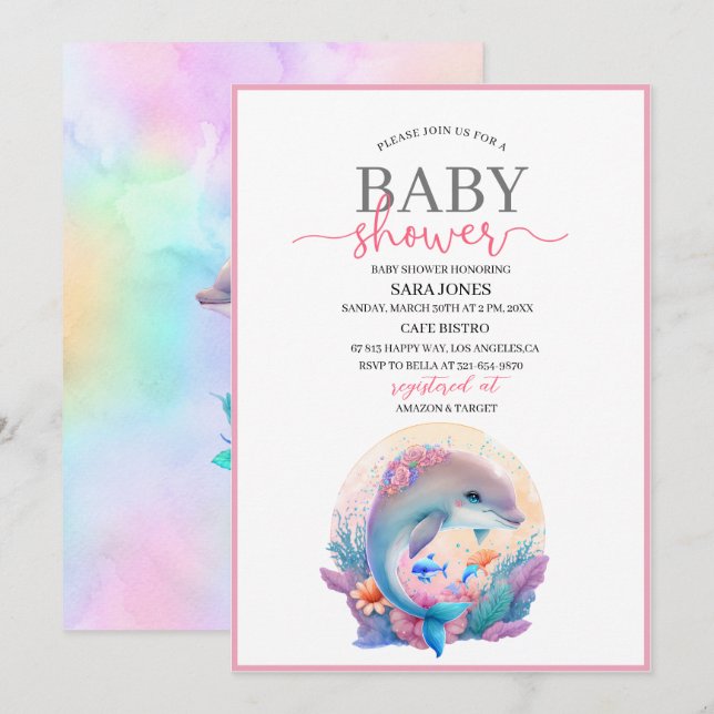 Aquarelle fcute dauphin baby shower Invitation (Devant / Derrière)