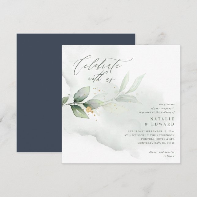 Aquarelle feuillage, bleu marine et mariage or (Devant / Derrière)