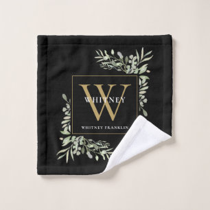 Aquarelle Feuillage Monogramme Noir Or Nom Bain