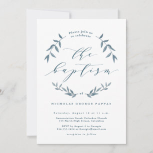 Aquarelle feuille bleu baptême invitation