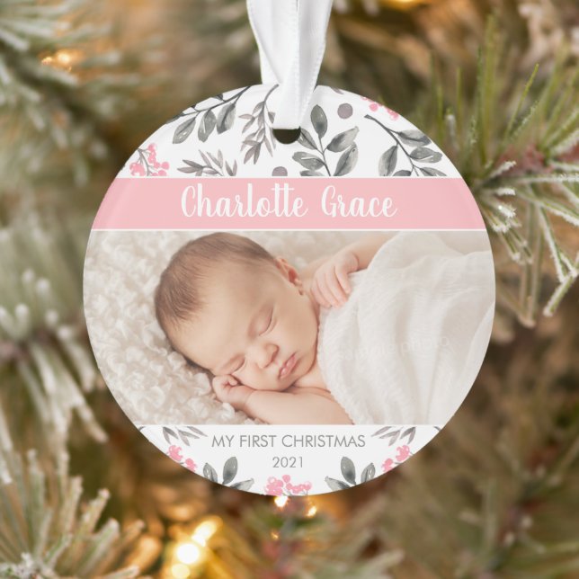 Aquarelle Feuilles Baby Girl First Christmas Photo (Arbre)