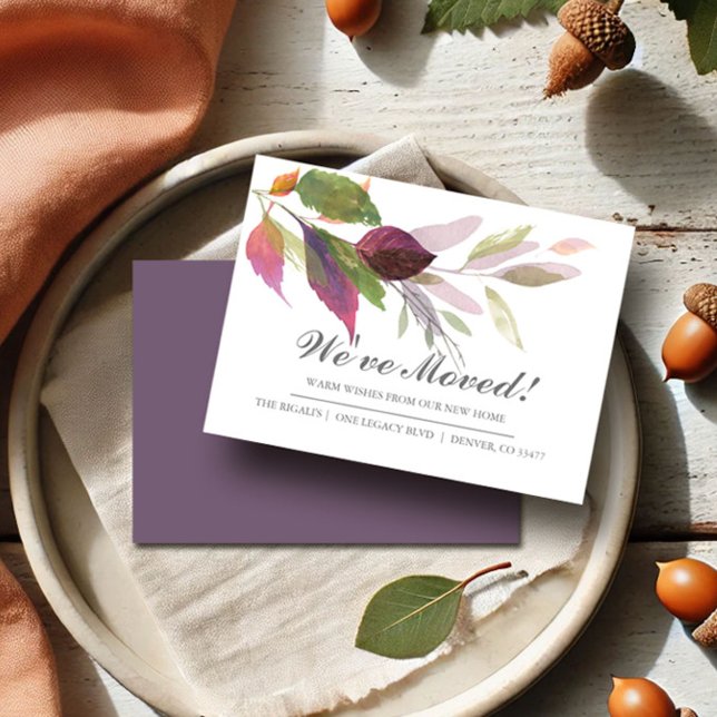 Aquarelle Feuilles Nouvelle maison Faire-part de d (Small moving announcement cards feature fall leaves in shades of purple, green and orange.)