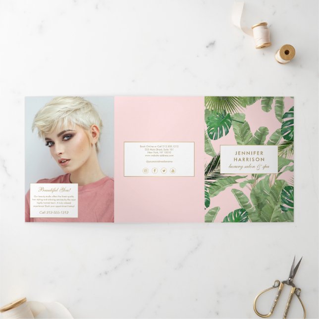 Aquarelle Feuilles Tropicales Rose Brochure de Sal (Extérieur)