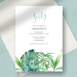Aquarelle Feuilles tropicaux 60e anniversaire<br><div class="desc">Cette simple invitation extérieure de 60ème anniversaire comprend le mot Sixty dans une typographie manuscrite stylisée avec détails de l'événement dans une police classique de serif gris fusain sur un arrière - plan blanc immaculé. Une réplique de mon paume d'aquarelle d'origine et de mes feuilles monstères dans les tons verts...</div>