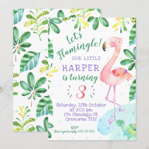 Aquarelle Flamant rose tropical Invitation d'anniv