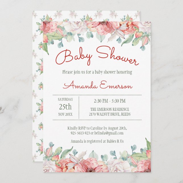 Aquarelle Fleur Bébé Douche Invitations (Devant / Derrière)