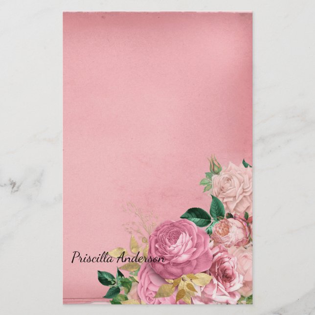 Aquarelle Fleur de Rose Vintage au Feuillage Rose (Devant)