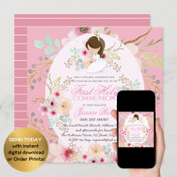 Aquarelle Fleur rose première communion Invitation