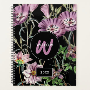 Aquarelle Fleur sauvage noir violet monogramme