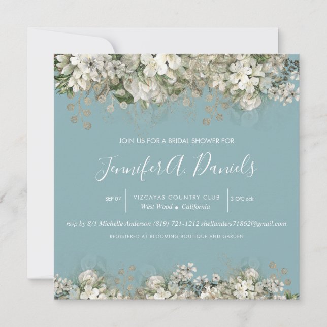 Aquarelle Fleurie Bleu Douche nuptiale Invitation (Devant)