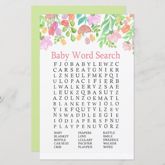 Aquarelle Fleurs Baby shower Word Search Jeu (Devant / Derrière)