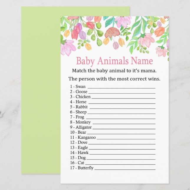 Aquarelle Fleurs Bébés Animaux Nom Jeu (Devant / Derrière)