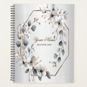 Aquarelle Fleurs blanches Cadre doré Argent Turquo
